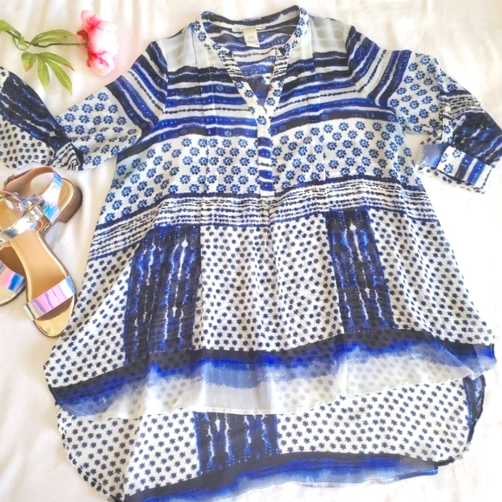 SWIM American Rag 1X Hi-low Boho Swim Cover Up Blue Floral - Picture 1 of 15